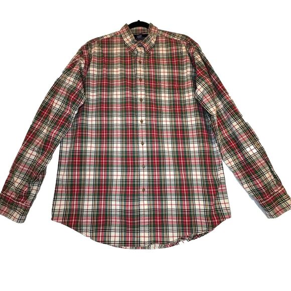 LANDS END Mens Shirt Large Tall Red Green Christmas Plaid Button Up Long Sleeve - Picture 2 of 11